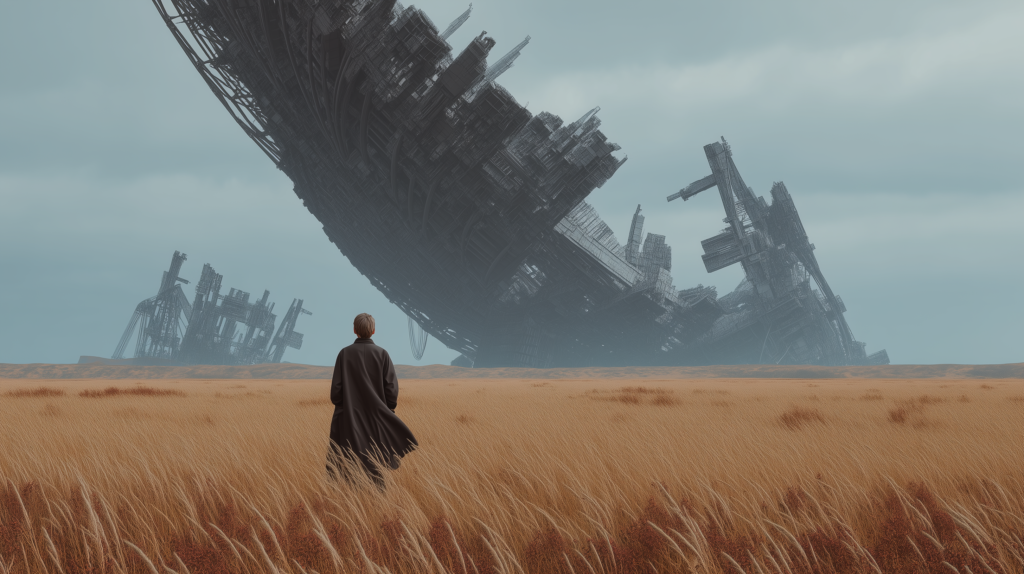 Un homme pensif observe une monumentale technologie à l'abandon.